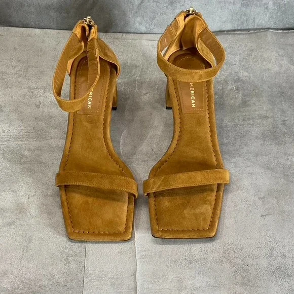 Good American Women's Amber Tan Square-Toe Ankle-Strap Block-Heel Sandals SZ 6 - Picture 4 of 11